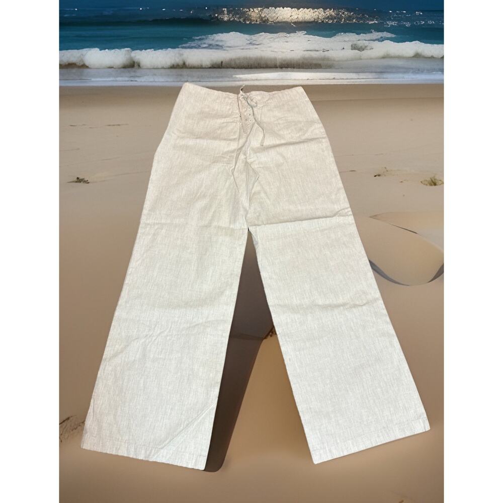 Isaac Mizrahi Women Sz 4 Pants Cotton Off White Flat Front Tie Bare‎ Back Beachy